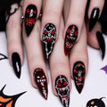 Halloween Press on Nails - Long Stiletto Fake Nails with Black Horror Demon Designs | 3D Gothic Acrylic Nail,Reusable Stick on Nail for Women Girls | 12Size - 24Pcs with Jelly Glue