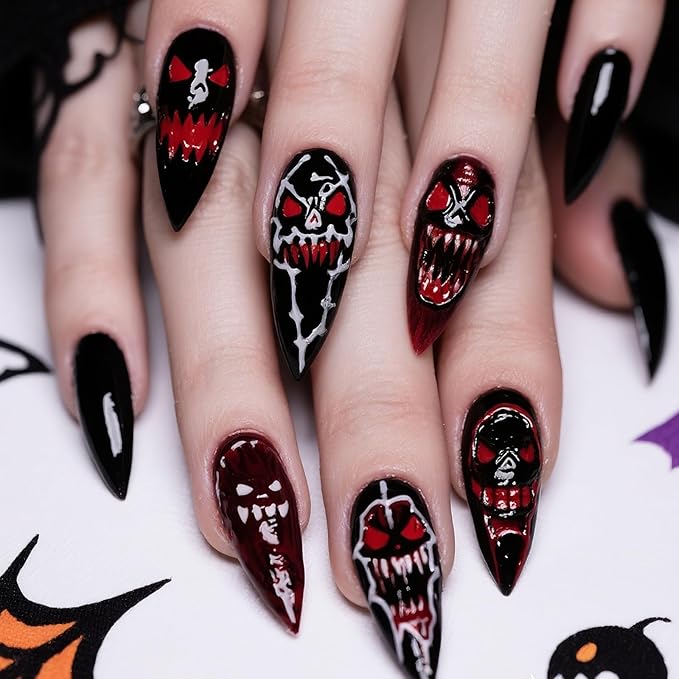 Halloween Press on Nails - Long Stiletto Fake Nails with Black Horror Demon Designs | 3D Gothic Acrylic Nail,Reusable Stick on Nail for Women Girls | 12Size - 24Pcs with Jelly Glue