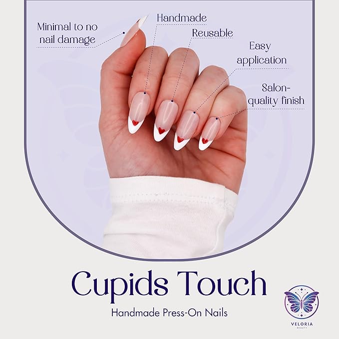 2D Handmade Press On Fake Nails, Long Almond Shaped, French Tips w/Hearts, Acrylic, Gel, Reuseable Kit, For Women Daily Wear, Valentine's Day or Special Occasion (Cupid’s Touch)