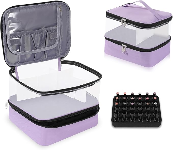 Clear Nail Polish Organizer Double layer Nail Polish Holds 30 Bottles and Nail Lamp, Nail Dryer Case Storage Supplies with Adjustable Dividers, Portable Nail Carrying Bag for Nail Tech (Purple)