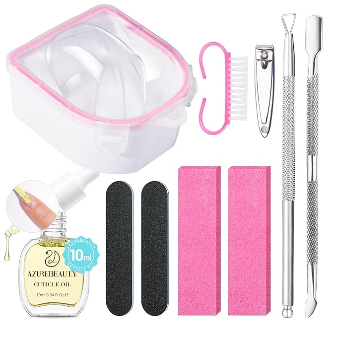 AZUREBEAUTY Nail Soaking Bowl, Soak Off Dip Powder Gel Polish Remover, Manicure Bowl for Hand with 15ml Cuticle Oil Nail Art Tools, Nail Brush, Cuticle Pusher, Cuticle Peeler, Nail File Buffer