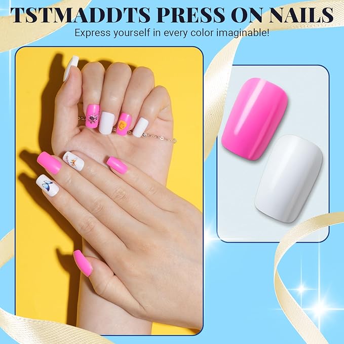 TsMADDTs Medium Square Press on Nails, 720 pcs Fake Nails with Glue, Files, Sticker, Tweezer for Women Home Art DIY
