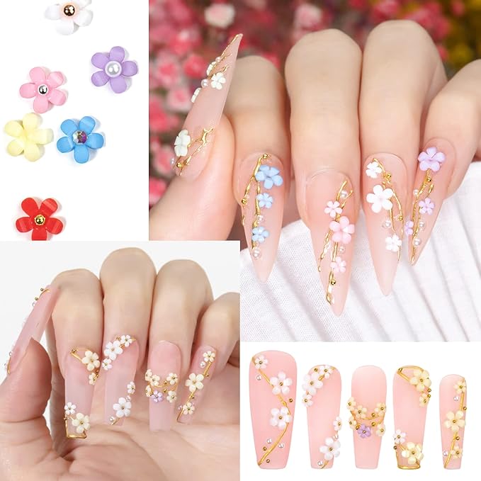 3D Flower Nail Charms for Nails Colorful Flowers Flatback Nail Rhinestones Pink White Black Blue Acrylic Flower with Round Pearls Gold Silver Beads Nail Art Supplies Manicure DIY Nail Decorations