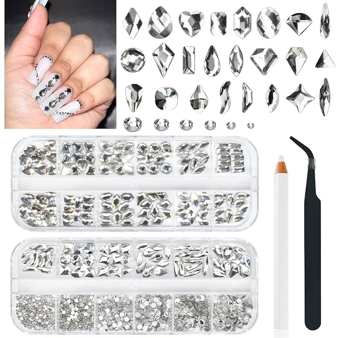 24 Styles Silver Clear Nail Rhinestones Multi Shapes Flatback K9 Glass Crystal White Gems Round Beads Stones Diamonds Jewels Nail Art Charms for Nails Face Eyes Makeup DIY Crafts Clothes Shoes