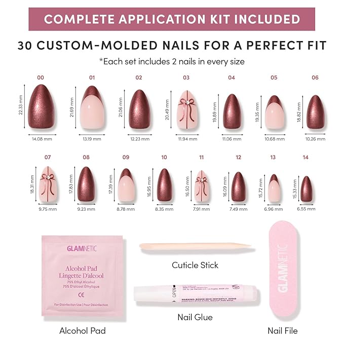 Valentines Day Glamnetic Press On Nails - She's A Gift | Short Almond Fake Nails in Burgundy Chrome with French Tips and Ribbon Designs with 3D Gems, Salon Quality | 15 Sizes - 30 Nail Kit with Glue
