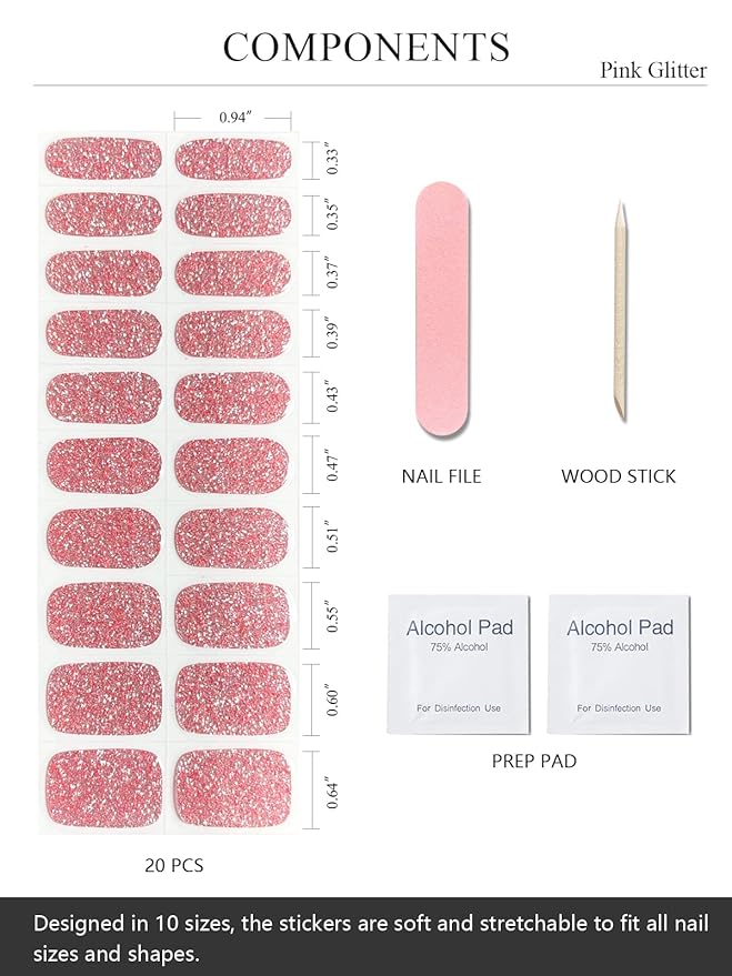 Semi Cured Gel Nail Strips (Pink Glitter), 20 Pcs Gel Nail Wraps, Stickers, UV Light Required, Salon Quality, Long Lasting