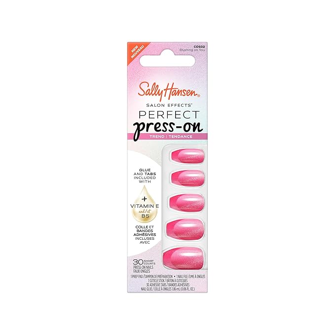 Sally Hansen Salon Effects Perfect Press-On Pink Nails | Coffin Shape, 3D Design | Easy to Apply, Non-Damaging, Vitamin E & B5 | 30 Nails, Nail Glue, Adhesive Tabs, File| Coquette-Me-Not