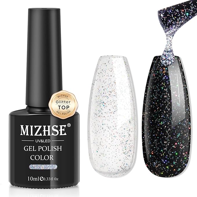 MIZHSE Glitter Top Coat, Clear Glitter Gel Silver Holographic Sparkle No Wipe Rainbow Shimmer Gel Nail Polish for Nail Art Home Manicure 10ml
