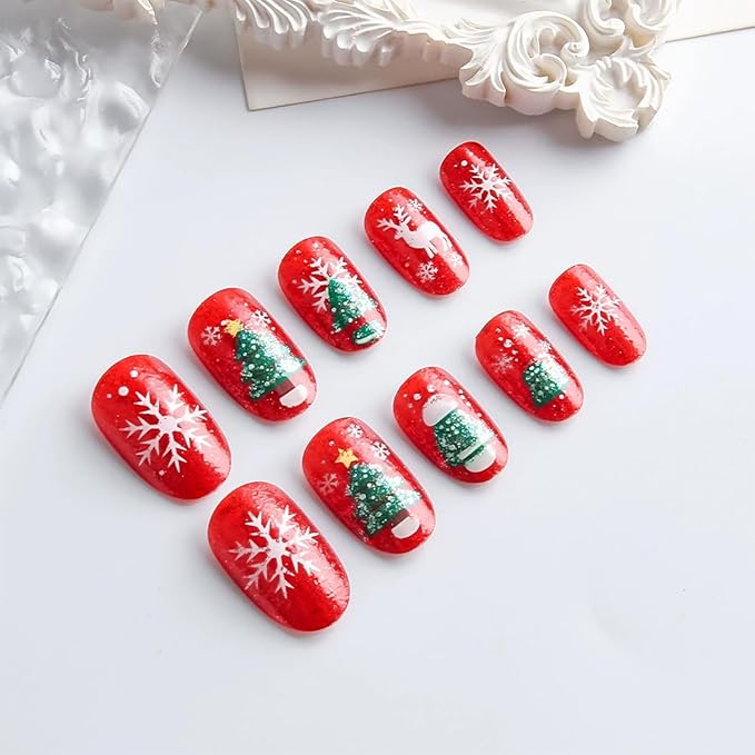 Red Christmas Press on Nails Christmas Trees Elk Snowflake Snowman False Nails Short Oval Xmas Fake Nail Winter Stick on Nail for Women 24 Pcs
