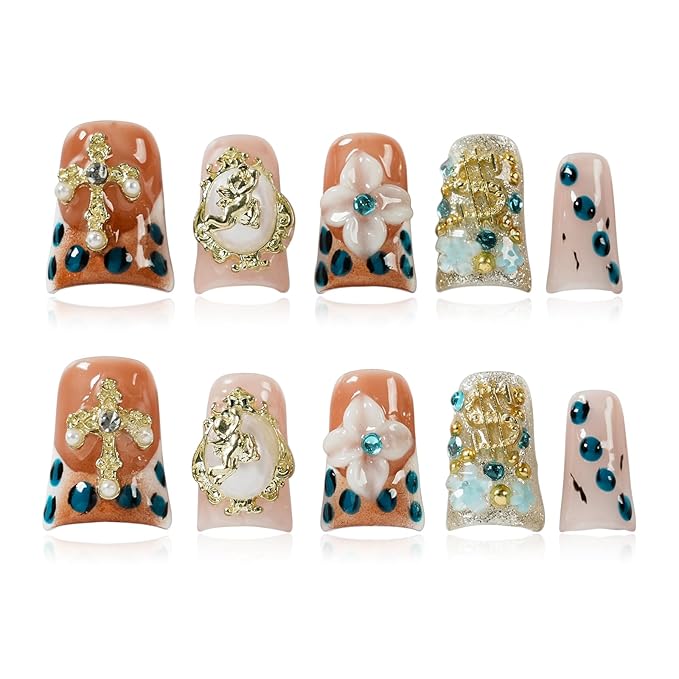 Handmade Duck Press on Nails, Luxury 3D Charms - Vintage Baroque Angel & Cross Design, Reusable Thick Acrylic for Nail Art (Angel's Realm, L)