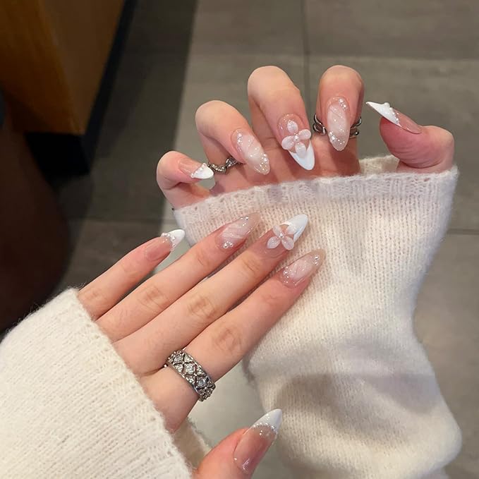Handmade Press On Nails – Short Almond False Nails for Women, Reusable Acrylic White French Tip with Pearl & 3D Flowers Design – Salon Quality Fake Nails (10PCS）