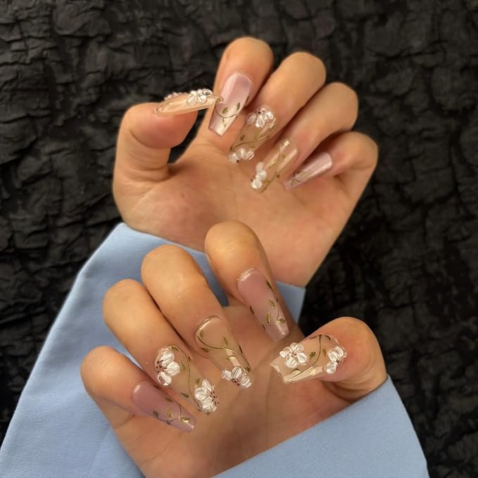 Trendy Handmade Press On Nails Medium Coffin Shape,10Pcs Hand Painted Acrylic Fake Nails with 3D Flower Charm Design Clip On Nail for Woman Gift