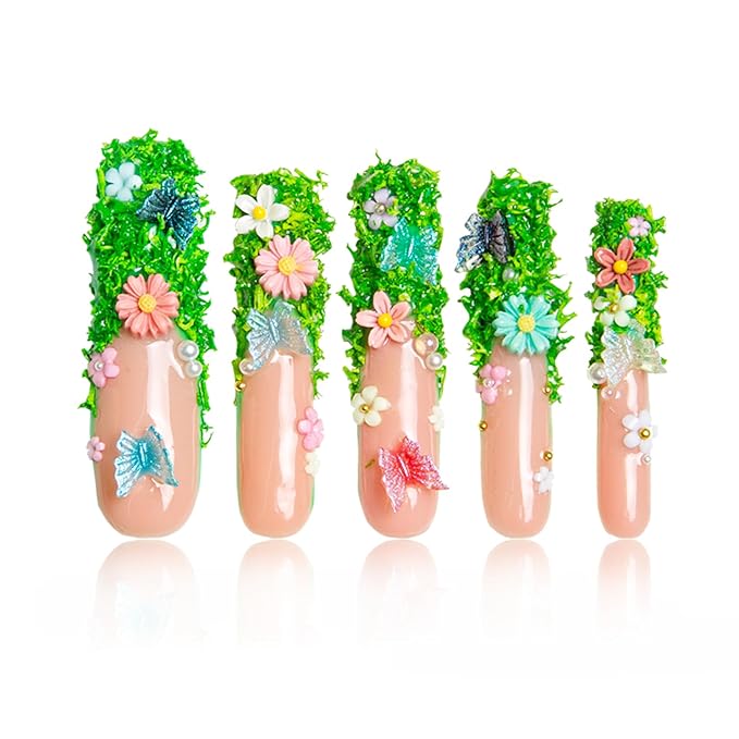 LOVFUL Press on Nails Fairy Tale Garden| Handmade with Full Covered Crystals | Reusable Fake Nails | Square Long 2.2 in | H151-L
