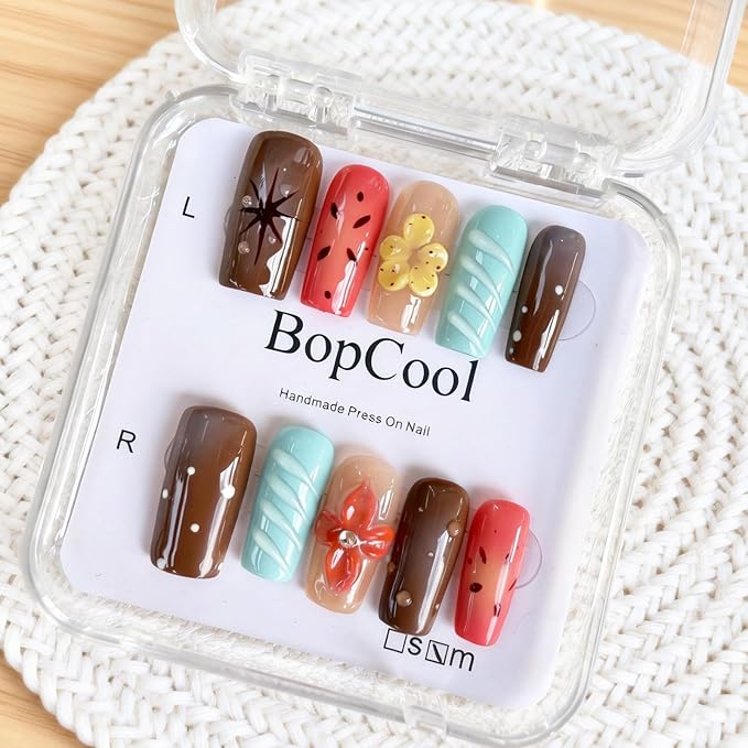 Luxury Handmade Press-On Nails - Vintage Brown 3D Floral Design, Long Coffin Acrylic False Nails | Reusable Fake Nails Kit（10PCS)