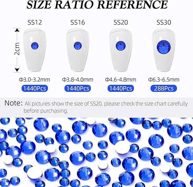 Sapphire Flatback Rhinestones, Glass Rhinestones for Nail Art and Craft, Glue Fix, Loose Crystal Gemstones(Blue, SS30, 288pcs, 6.4-6.6mm)