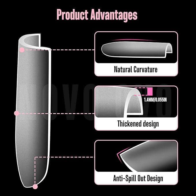 NOVO OVO Sharp Square Medium Nail Tips Press on, Natural (Not Sculpted) No C Curve Soft Gel Double Matte Clear Fake Nail Extension,Full Cover False Nails for Salon DIY Manicure x 15 Sizes 180 pcs