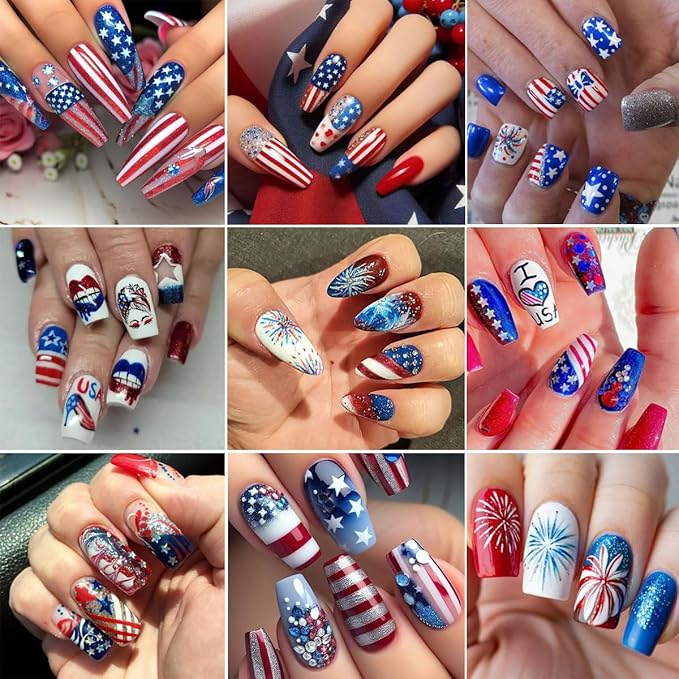 6Pcs/Celebrate 4th of July Nail Stickers for Nail Art Set - Independence Day Fireworks USA America UK Flags Adhesive Nail Art Sticker Decals DIY Patriotic Manicure Sliders Decorations Supplies