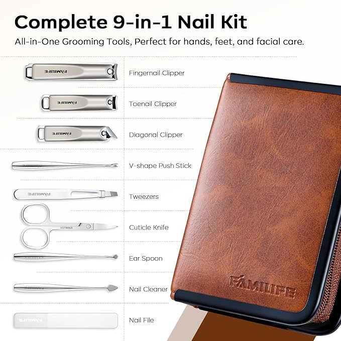 FAMILIFE Manicure Kit for Women, 9 Pcs Compact Carbon Steel Nail Grooming Kit with Case, Classic Brown Travel Manicure Set for Home, On-the-Go Care, Daily Use Manicure Set (Brown)