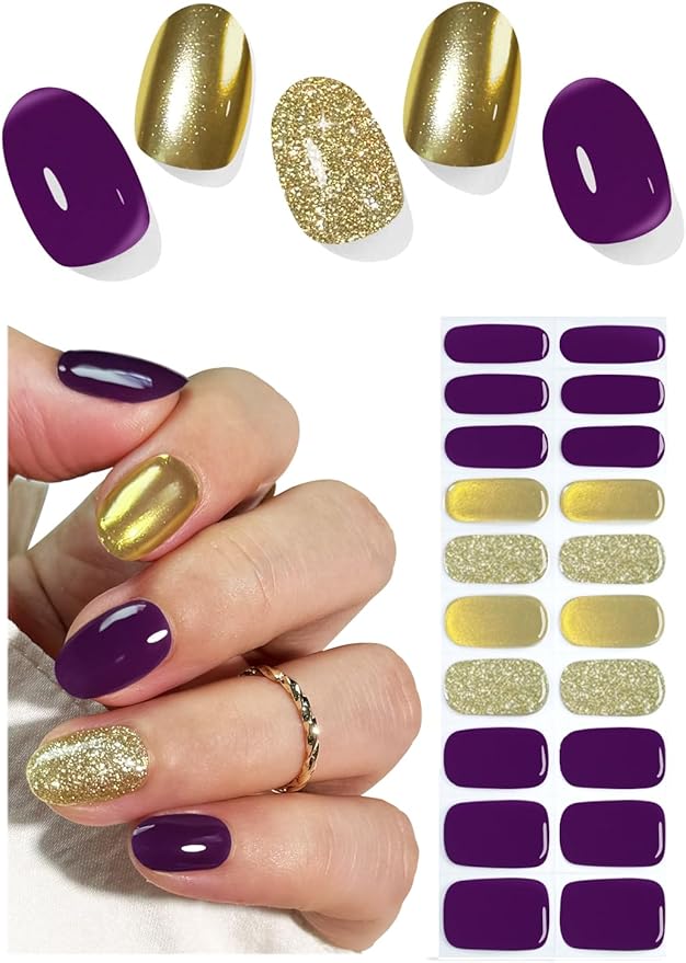 Semi Cured Gel Nail Strips, Carnival Gold Purple 20pcs Adhesive UV Sticker, Wraps for Home Manicure DIY