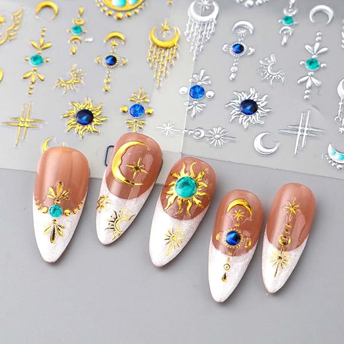 4 Sheets Boho Nail Stickers for Nail Art 5D Embossed Sun Moon Star Nail Decals Gold Silver Stickers with Bohemia Style Design,3D Self Adhesive Nail Art Supplies for Women,DIY Manicure Decor