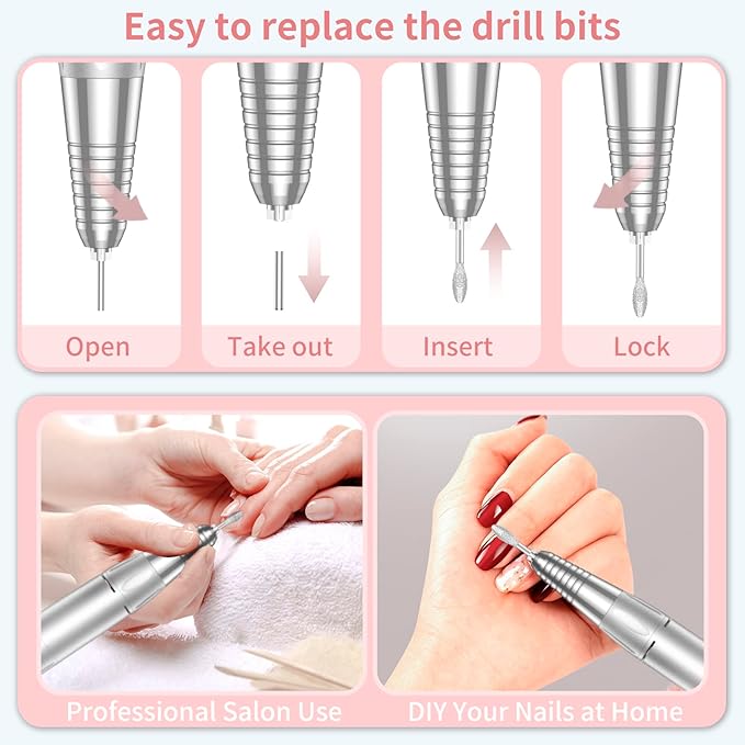 Portable Nail Drill Professional 35000 RPM, Rechargeable Electric Nail File Machine Cordless E-File for Acrylic Gel Polishing Removing with Bits Kit for Manicure Salon Home, Pink