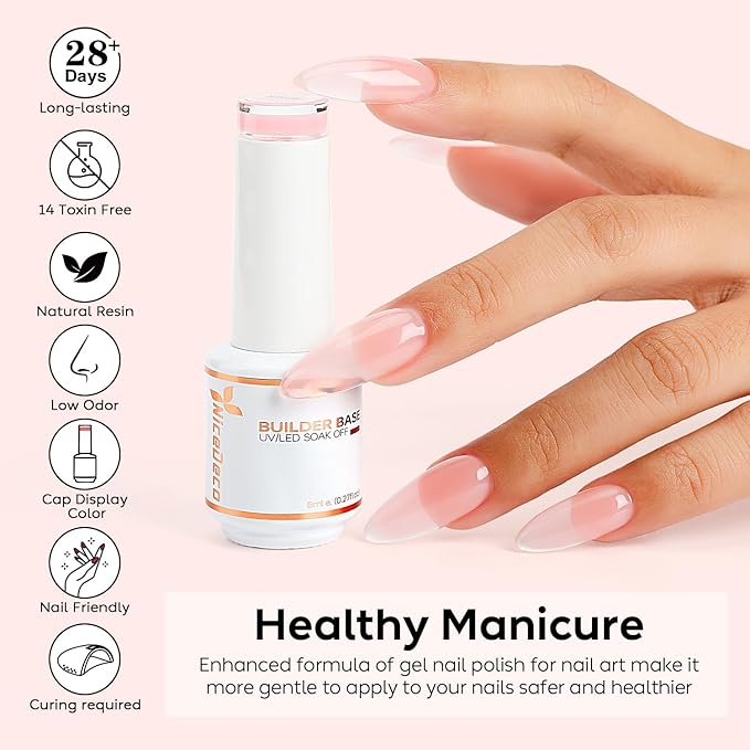 Nicedeco Builder Nail Gel 15ML 8 in 1 Base Gel Clear Polish Strengthener Hard Extension Gel for Nail Art Design-002