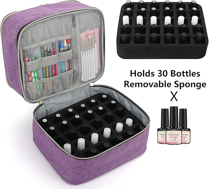 Meichoon Essentials Nail Polish Carrying Organizer 2 Layers Storage Holder Case with Adjustable Bottle Compartment 30 Bottles of Gel lamp and Manicure Tools Large Makeup Bag Travel Purple