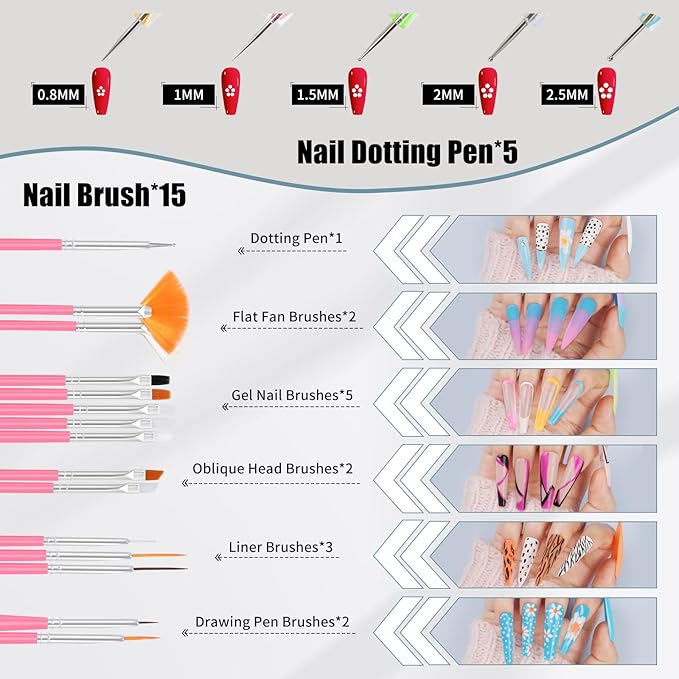 67 in 1 Nail Art Brushes Nail Art Kit,Brushes Dotting Pens with Striping Tape,Mini Metal Caviar Beads Ball,Rhinestones, Pearls,Metallic Foil Flakes,Sequins,Stickers Manicure Design Tools (Pink)