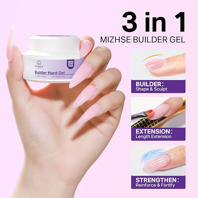 MIZHSE HEMA-Free Hard Gel for Nails-1.06oz Jelly Nude Pink Builder Gel Nail Stengthener U V/LED Extension Gels for Nail Repair for Women