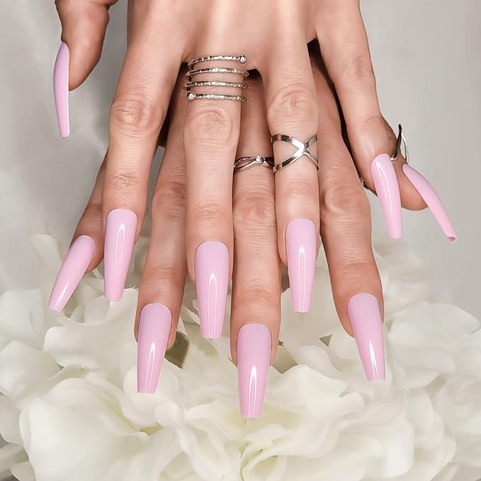 Hypnaughty 24 Pcs Blush Pink Glossy Extra Long Press On Nails and Glue XL Reusable Solid Color False Nails (Blush)