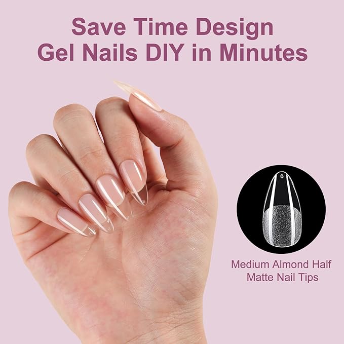 Misssix Medium Almond Gel Nail Tips Kit, 360Pcs Pre Etched Clear gel x Fake Nails, Full Cover False Nail 9-in-1 Gel Glue and Portable Mini U V Nail Lamp for Women 12 Sizes