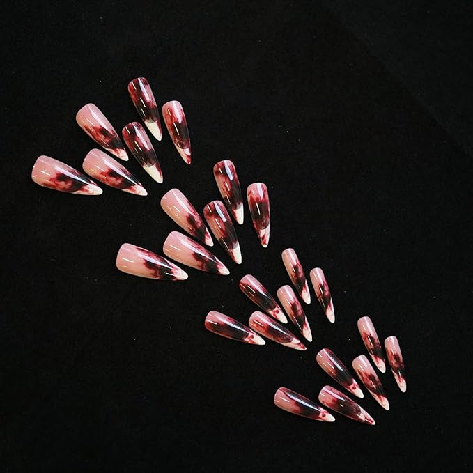 Halloween French Press on Nails, Long Stilettos Fake Nail, Glossy Acrylic False Nails, Stick on Nails with Blood Stains Designs, Glue on Nails for Women and Girls 24Pcs