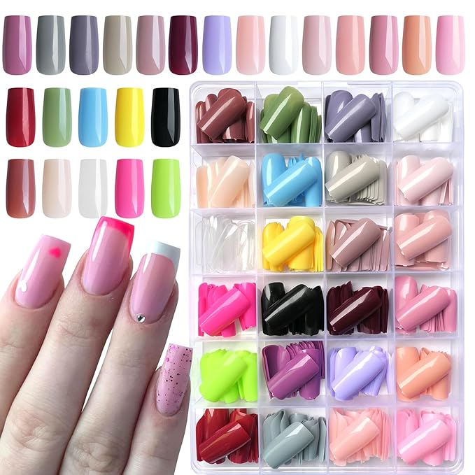 LoveOurHome 576pc Square Press on Nails Long Fake Nails Medium Square False Nail Full Cover Artificial Fingernails Acrylic Presson Nail Tips 24 Colors 10 Size for Women Teens Kids