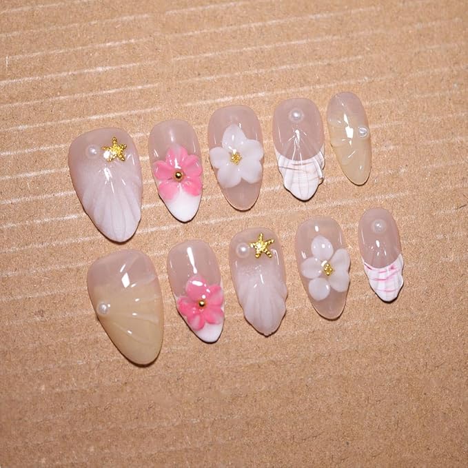 10 Short Almond Handmade Press On Nails | Coastal-Inspired 3D Floral & Starfish Nude & Pearl Accent False Nails,New styles | Skip Salon Trips, Easy to Apply & Remove, Reusable (251107, XS)