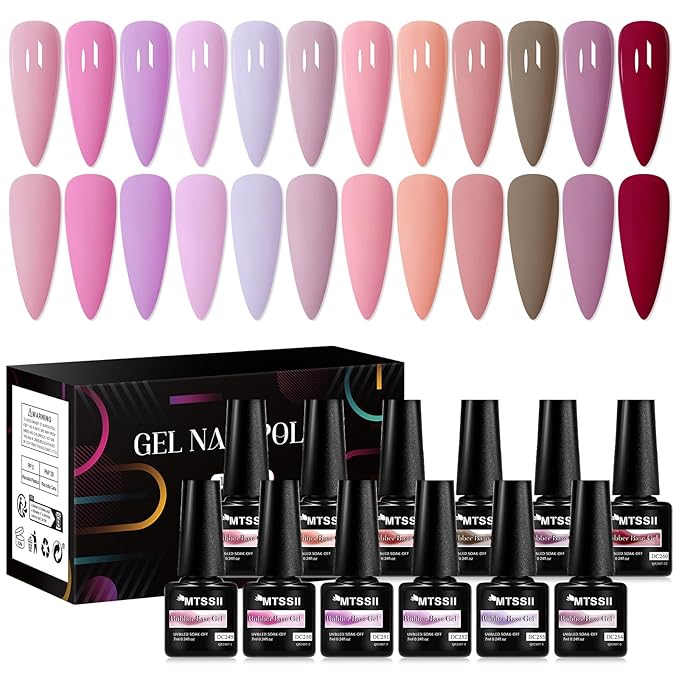 MTSSII Rubber Gel Base Coat for Nails, 12 Pcs Nude Pink Rubber Base Gel Polish Neutral Skin Tones Violet Pastel Pink Lavender Long Lasting Protect Soak Off U V LED Builder Gel for Thin Weak Nails