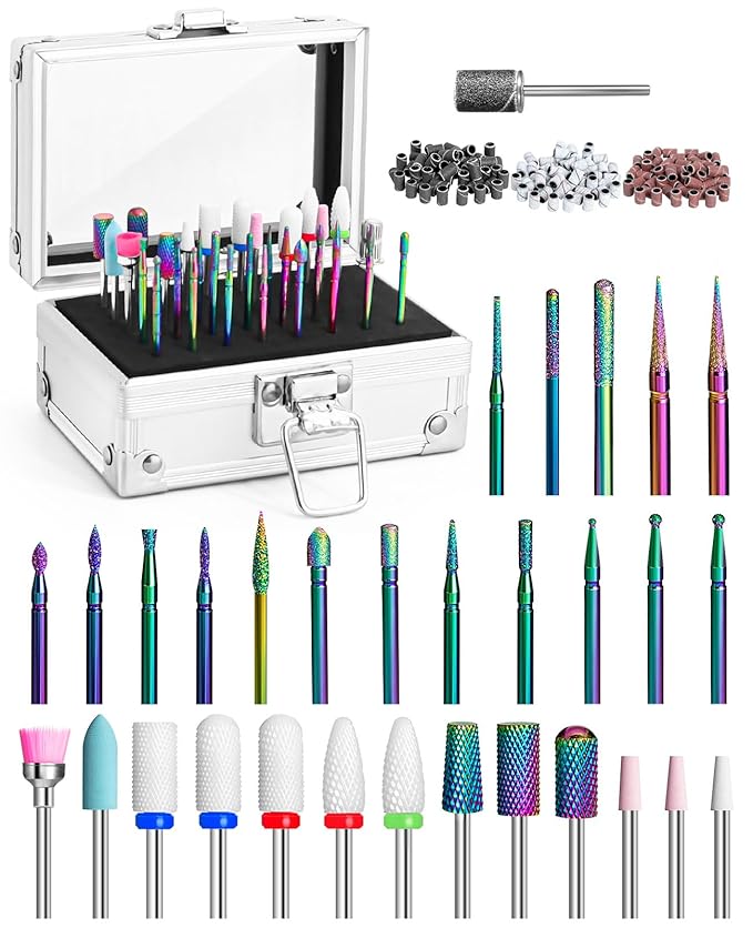 Onism 30Pcs Nail Drill Bits Set, 3/32" Tungsten Carbide Ceramic Quartz Kit with 75 Sanding Bands (#80/120/180), 40-Slot Expandable Organizer Box for Acrylic Gel Removal & Prep, Silver
