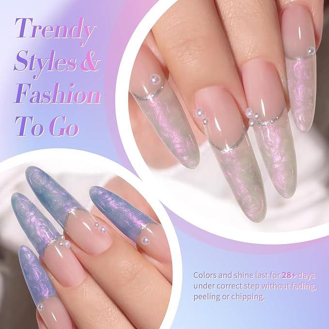 Born Pretty 6 Colors Pearl Gel Nail Polish Set,Aurora Iridescent Shimmer White Pink Purple Mermaid Glitter Gel Polish Shell Swirl Thread Effect Glitter Silk Soak Off U V LED Gift for Women & Girls