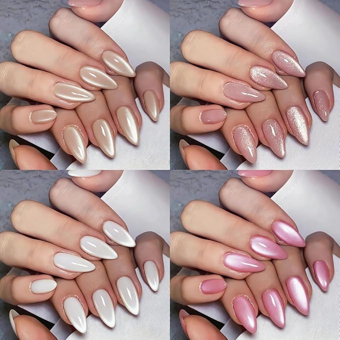 KQueenest 4 Packs Cat Eye Press On Nails Almond, Glitter Chrome Press On Nails Medium, Pastel Fake Nails Press Ons Almond, Sparkle Glue On Nails for Daily Party, 96 Pcs False Nails Kit