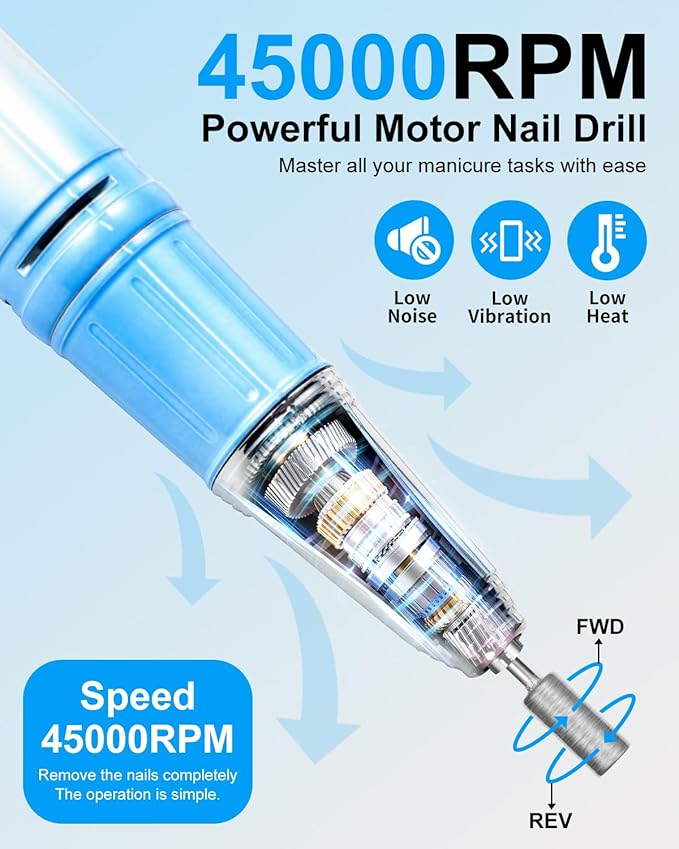 Professional Electric Nail Drill Kits 45000RPM Gradient Blue Portable Cordless 3-in-1 Nail File Machine with Rechargeable Stand and Nail Lamp for Acrylic Gel Polish Removing Home & Salon Use