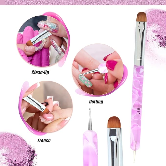 French Manicure Brush -Two Way Nail Art Brush with Dotting Manicure Tool for Manicure Cuticle Clean Up Nail Art Design- Professional Nail Salon Quality Brush, Nail Dotting Pen (14#, Pink)