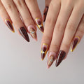 3D Brown Flowers Press On Nails Almond Short, 3D Pattern Designer Reusable Acrylic Nails Press Ons, Fake Nails With Glue On, Daily Wear Floral False Nails For Women