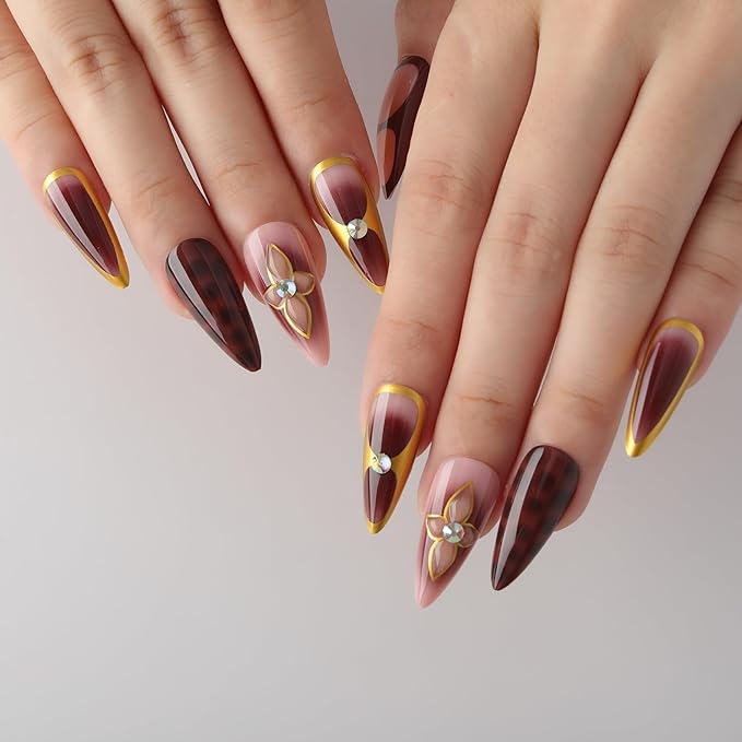 3D Brown Flowers Press On Nails Almond Short, 3D Pattern Designer Reusable Acrylic Nails Press Ons, Fake Nails With Glue On, Daily Wear Floral False Nails For Women