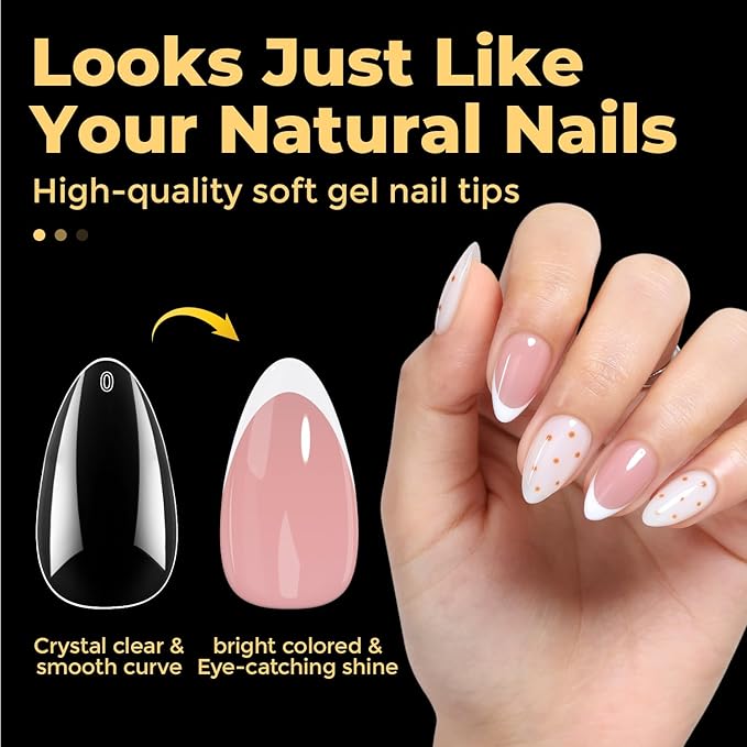 UNA GELLA Short Almond Nail Tips Pre-shape Short Almond Gel Nail Tips 216pcs Press on Nails 12 Sizes Soft Gel Acrylic Clear Fake Full Cover for Nails Extension Home DIY Salon