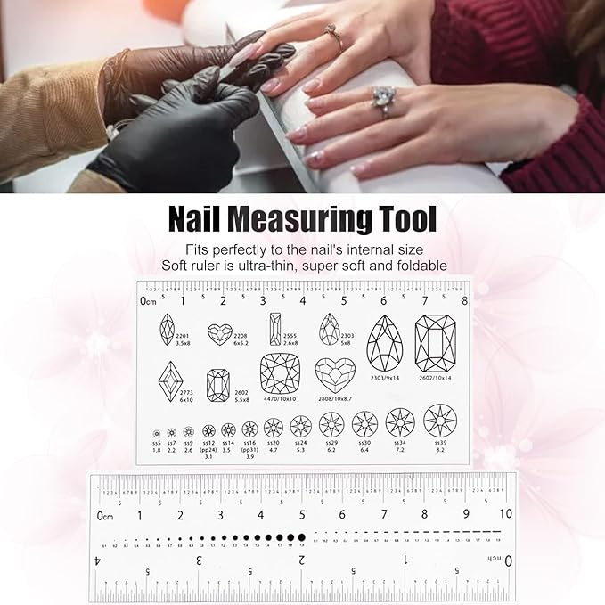 4-Piece Nail Measurement Ruler with Rhinestones - Measuring Tool for Acrylic Nails and DIY Manicure