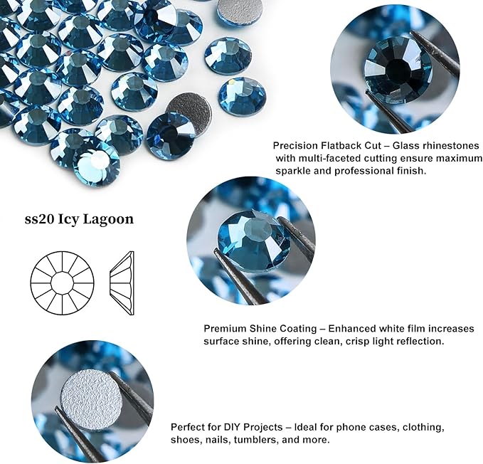 Genie Crystal SS20 Ice Aquamarine Flatback Rhinestones – 1440pcs | White-Film Coated Crystals, Non-Hotfix for Nail Art, DIY Crafts, Tumblers, Clothing