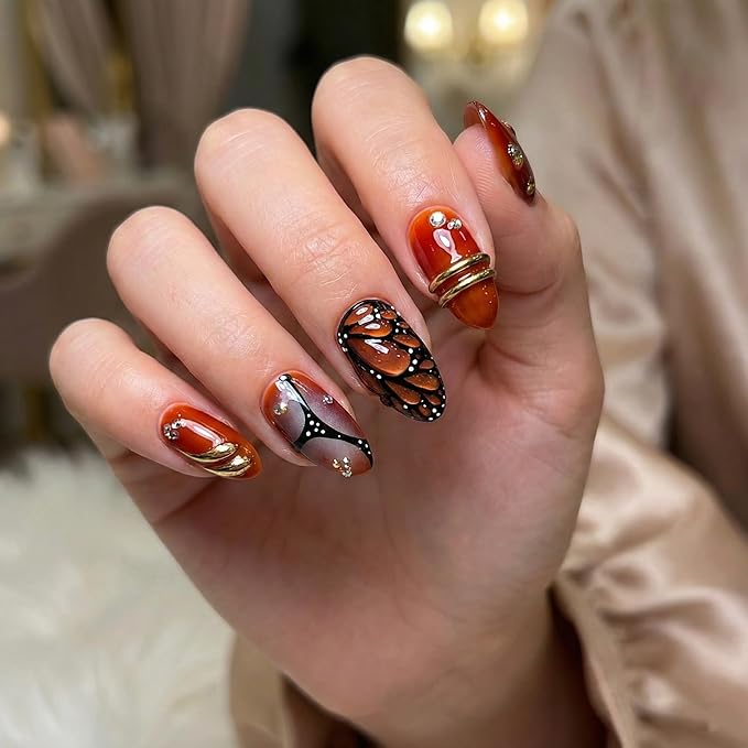 Almond Press on Nails Long Fake Nails Red Acrylic Nail Press ons SEENEEY Black Butterfly Designs Gold Charm Rhinestones Stick on Nail for Women 24pcs