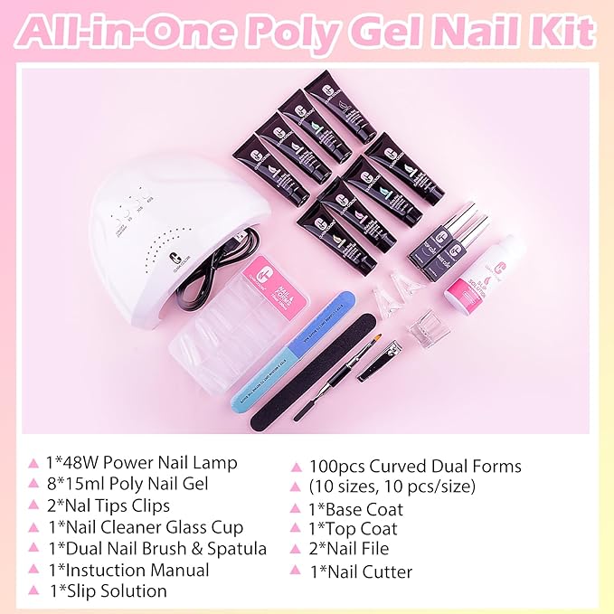 Clara Colors Polygel Extension Gel Nail Kit - 8 Colors Polygel Nail Kit with 48W Power Nail Lamp Nude Clear White Pink All In One Polygel Nail Kit Starter Kit for Beginners with Slip Solution and Tool