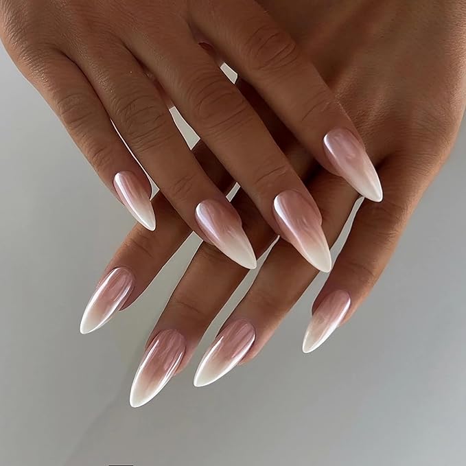Pearlescent Press on Nails Medium, Glazed Ombre Nude Fake Nails Almond Chrome Acrylic Press Ons for Women, Natural Fit Full Cover Glue on Nails in 12 Sizes - 24 Pieces Nail Kit