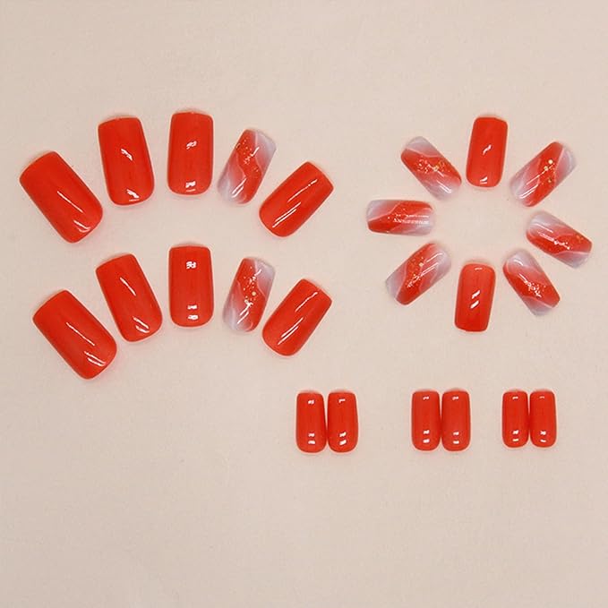 Orange Press on Nails Medium Square Fake Nails Press ons Full Cover False Nails with Design Gold Foil Sequins Glue on Nails Shiny Glossy Acrylic Artificial Nail for Women Manicure 24Pcs
