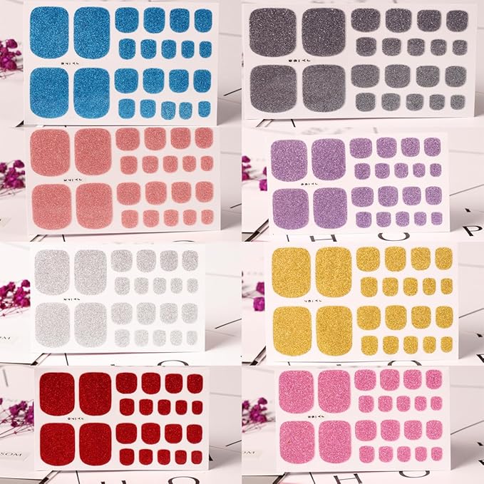 8 Sheets Glitter Toe Nail Wraps - Colorful Sparkly 3D Solid Color Polish Gel Stickers - Purple Self-Adhesive Designs for Women
